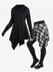 Gothic Hooded Oblique Zipper Asymmetric Coat and Chain Grommet Embellish Checked Skirted Leggings Outfit -  
