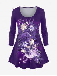 Plus Size Floral Print Ombre T-shirt -  