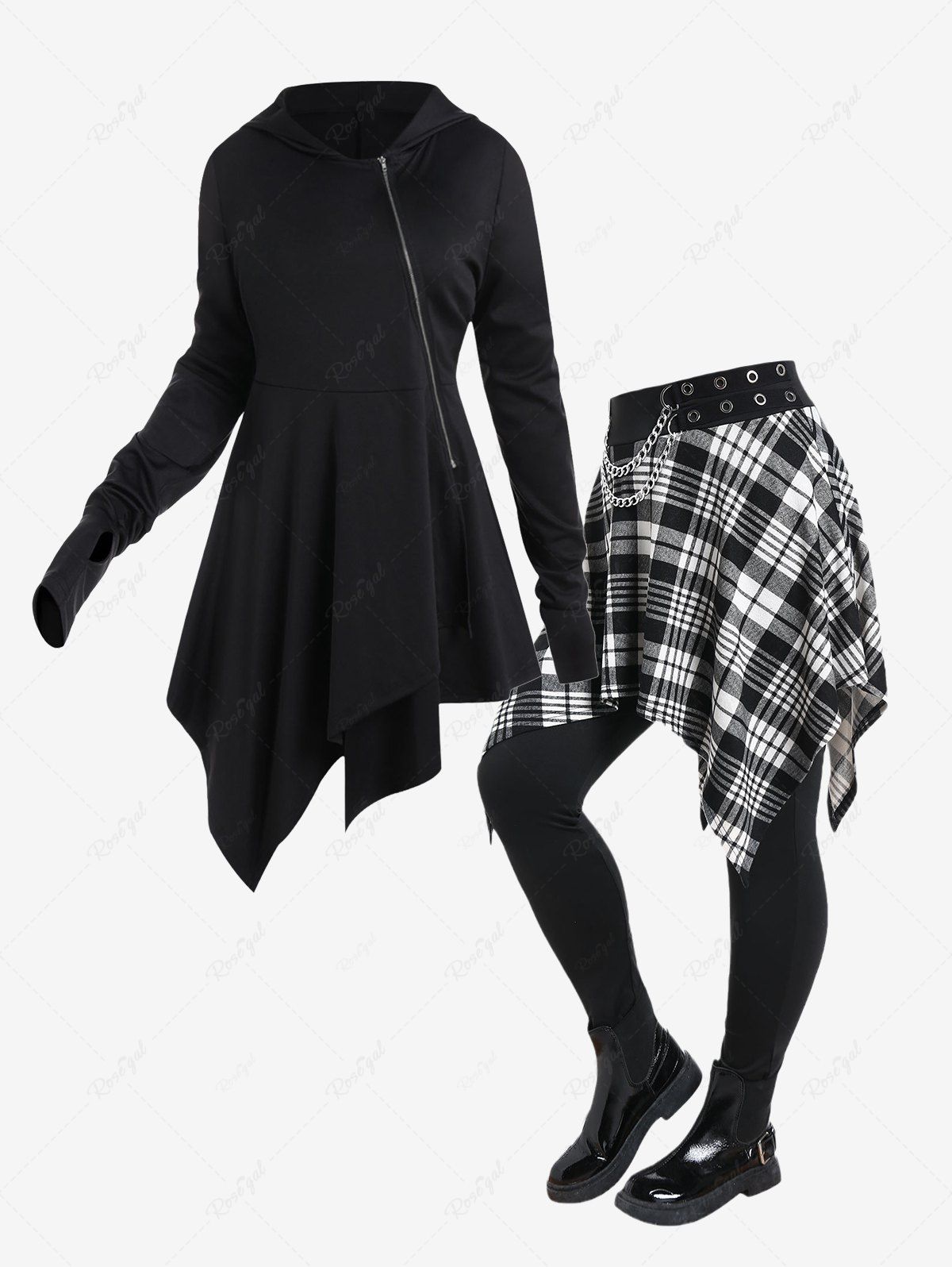 Fancy Gothic Hooded Oblique Zipper Asymmetric Coat and Chain Grommet Embellish Checked Skirted Leggings Outfit  