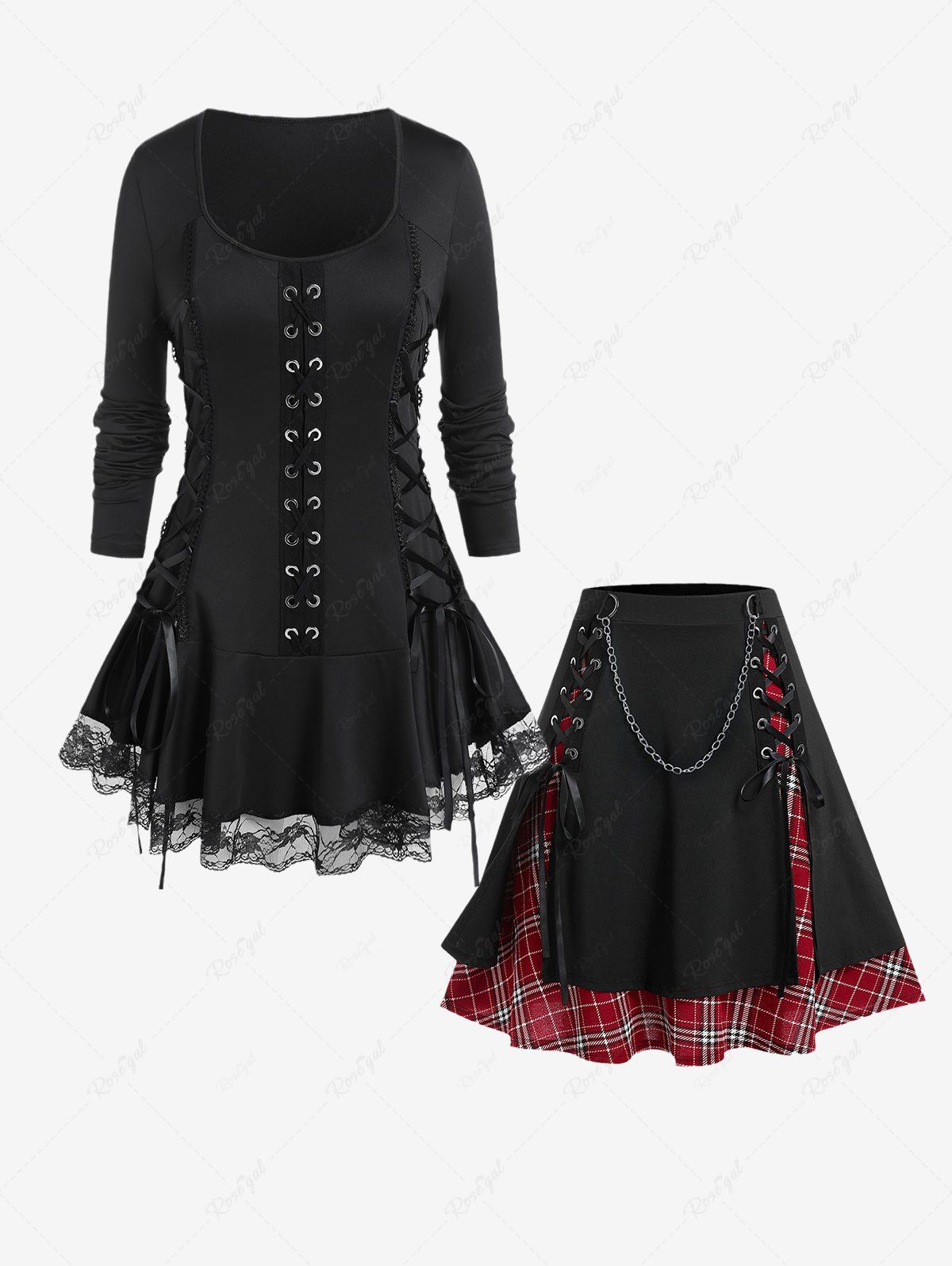 Cheap Gothic Lace Up Grommets Crisscross Flounce Tee and Chains Layered Plaid Skirt Outfit  