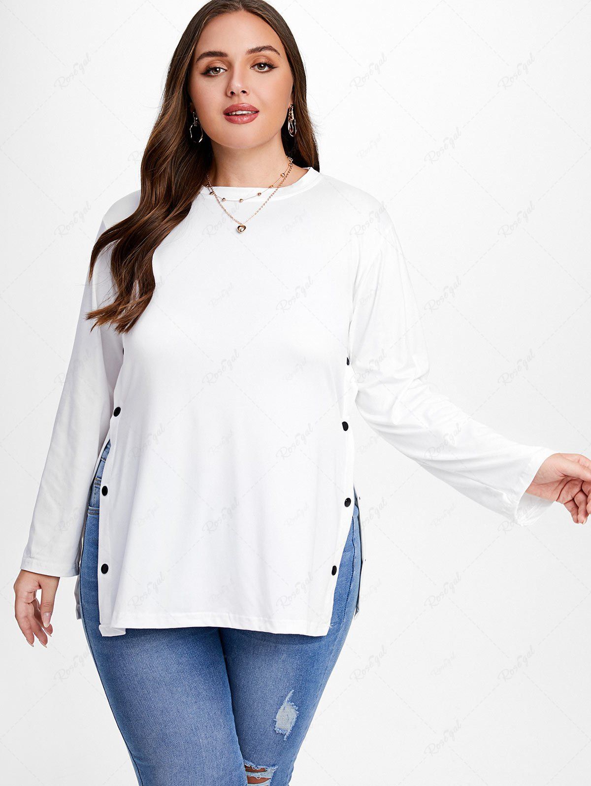 T-shirt Fente Latérale avec Bouton-Pression à Manches Longues de Grande Taille Blanc M