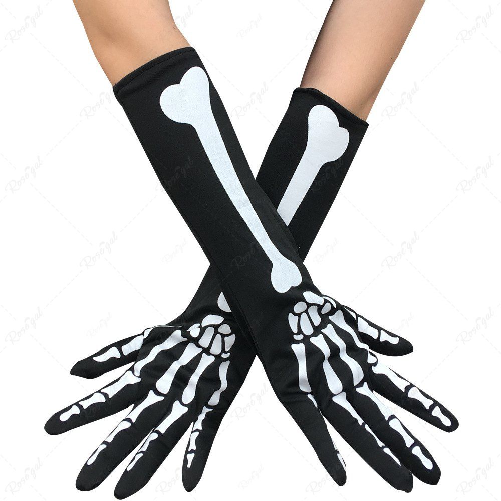 Gants d'Halloween Squelette Long Coude Noir 