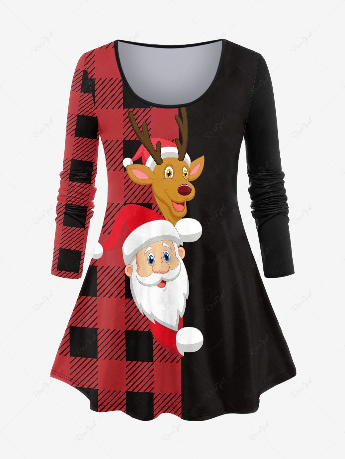 T-shirt à Imprimé Père Noël et Cerf à Carreaux de Grande Taille Rouge M | US 10