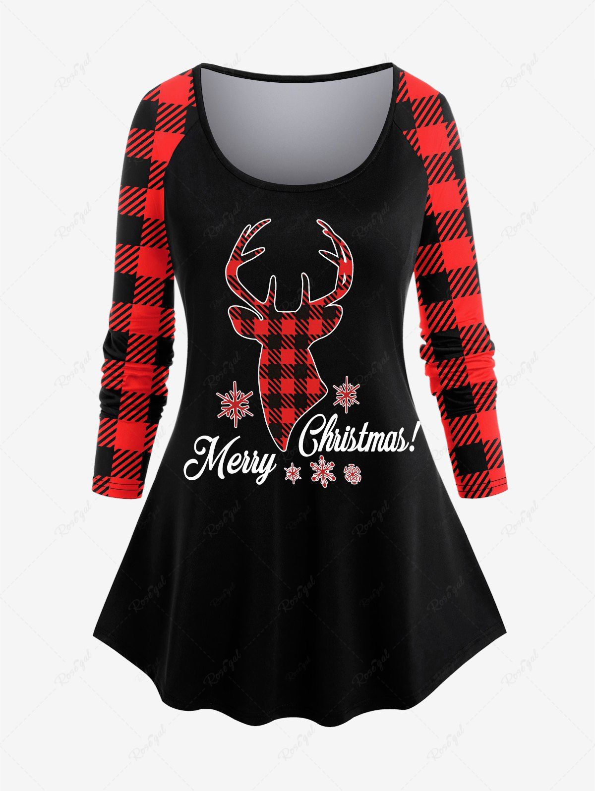 T-shirt à Motif Flocon de Neige Éclan de Noël Grande Taille à Manches Raglan Noir 2X | US 18-20