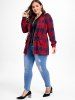 Plus Size Hooded Plaid Drawstring Pocket Zip Coat -  