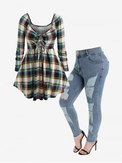Plus Size Plaid Sweetheart Neck Ties Top and High Rise Ripped Jeans Outfit - MULTI