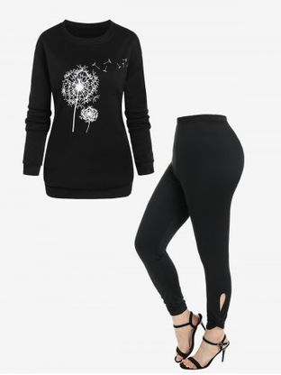 Crewneck Dandelion Print Fleece Lining Sweatshirt and High Rise Cutout Twist Leggings Plus Size Outerwear Outfit