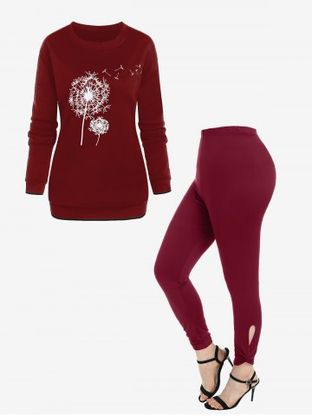 Crewneck Dandelion Print Fleece Lining Sweatshirt and High Rise Cutout Twist Leggings Plus Size Outerwear Outfit