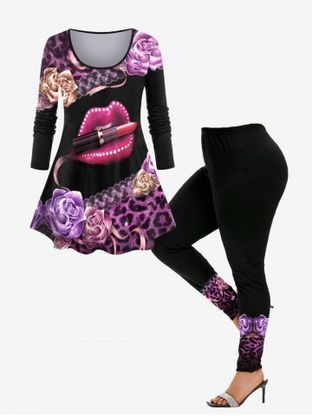 Plus Size Floral Leopard Lip Lipstick Print T-shirt and Leggings Matching Set Outfit