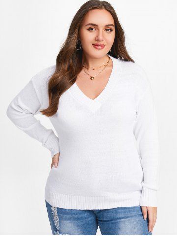 Plus Size V Neck Drop Shoulder Sweater - WHITE - 2XL