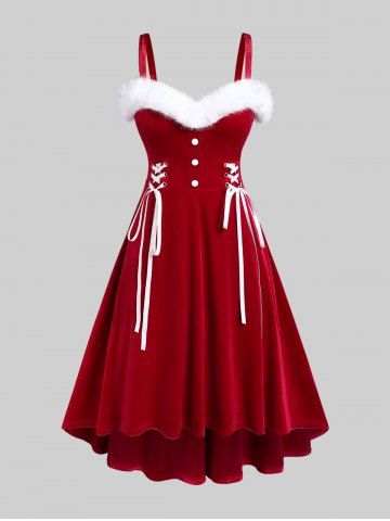 Vestido de Terciopelo de Vendimia de Navidad de Panel de Piel Sintética con Cordones - RED - 5X | US 30-32