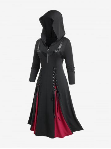 Lace Up Harness Half Zipper Hooded Godet A Line Gothic Midi Dress - BLACK - 1X | US 14-16