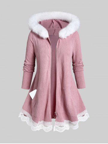 Plus Size Faux Fur Panel Cable Knit Trim Hooded Cardigan with Pockets - LIGHT PINK - M | US 10