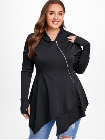 Plus Size Oblique Zipper Hooded Asymmetric Coat - BLACK - M | US 10
