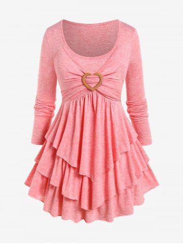 Plus Size Heart Ring Layered Long Sleeves T Shirt - LIGHT PINK - 4X | US 26-28