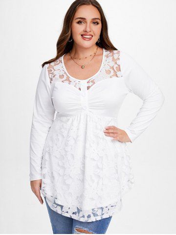 Plus Size Ruched Lace Panel Tunic T-shirt - WHITE - L | US 12
