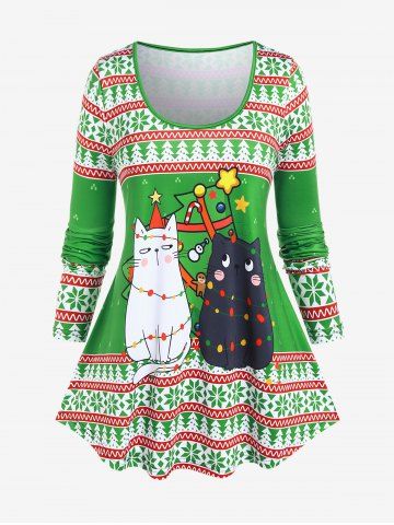 Plus Size Snowflake Cat Print Christmas T-shirt - GREEN - 3X | US 22-24
