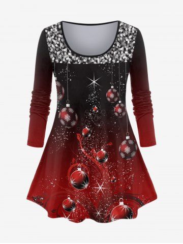 T-shirt à Imprimé 3D Boule de Noël en Couleur Ombrée de Grande Taille à Paillettes - DEEP RED - S | US 8