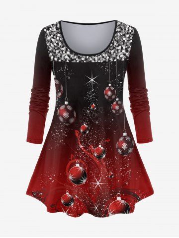 Plus Size Christmas 3D Sequin Ball Print Ombre Color Tee - DEEP RED - 2X | US 18-20