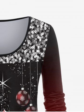 Plus Size Christmas 3D Sequin Ball Print Ombre Color Tee