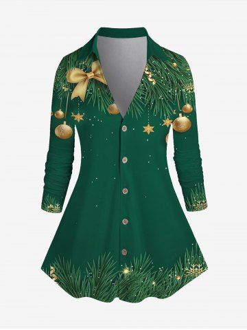 Plus Size Christmas Bell Print Button Up Shirt - DEEP GREEN - 4X | US 26-28