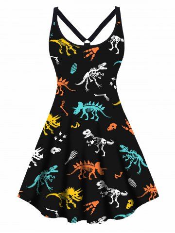 Plus Size Colored Skeleton Dinosaur Print Cut Out High Waisted A Line Mini Dress - BLACK - 1X