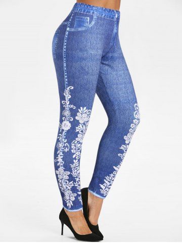 Plus Size Flower Faux Denim 3D Print Jeggings - BLUE - L