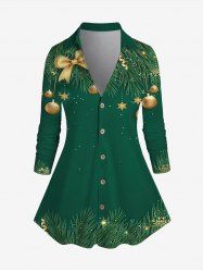 Plus Size Christmas Bell Print Button Up Shirt -  
