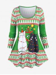 T-shirt de Noël à Imprimé Chat et Flocon de Neige de Grande Taille - Vert 5x | US 30-32