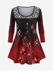 Plus Size Christmas 3D Sequin Ball Print Ombre Color Tee -  