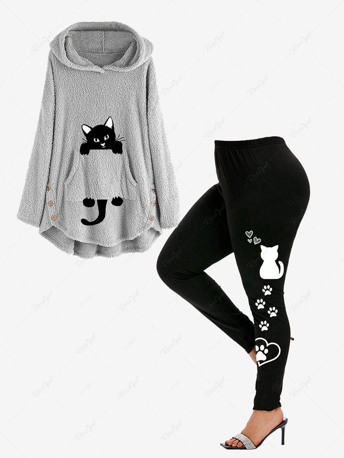 Unique Pockets Cat Print High Low Fluffy Hoodie and High Waist Cat Paw Print Leggings Plus Size Outerwear Outfit  