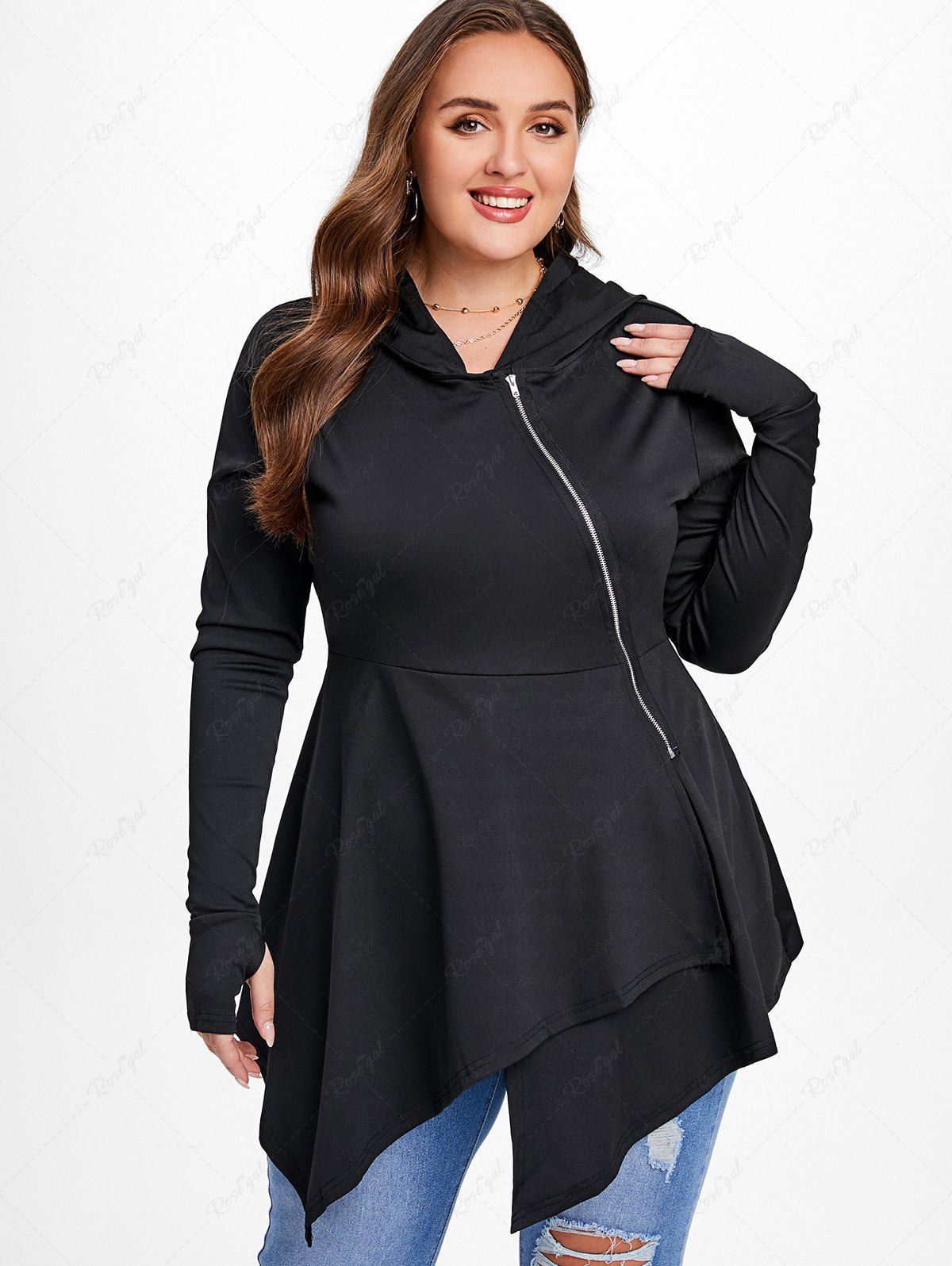Manteau à Capuche avec Zip Oblique Asymétrique Grande Taille Noir 3X | US 22-24
