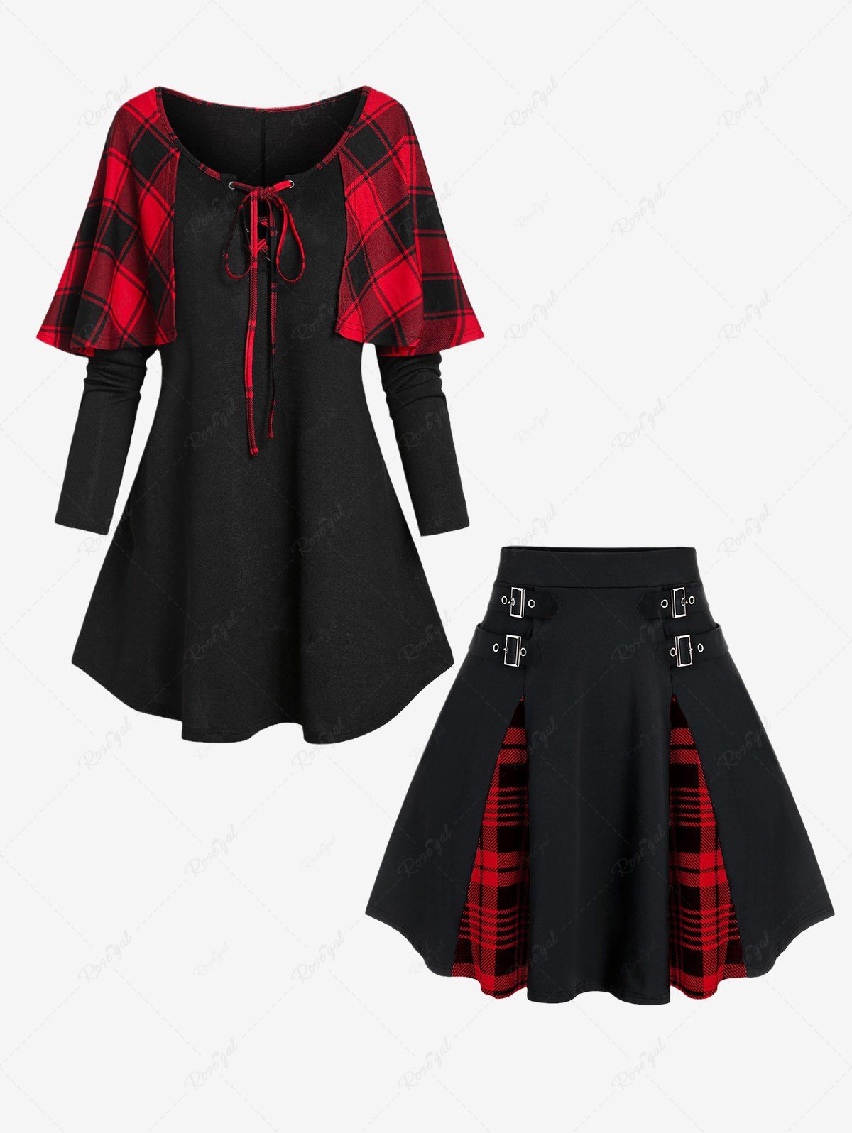 Outfit Gothic Plaid Keyhole Tie Cape Sleeve T-shirt and Plaid Buckles High Waisted Mini Skirt Outfit  