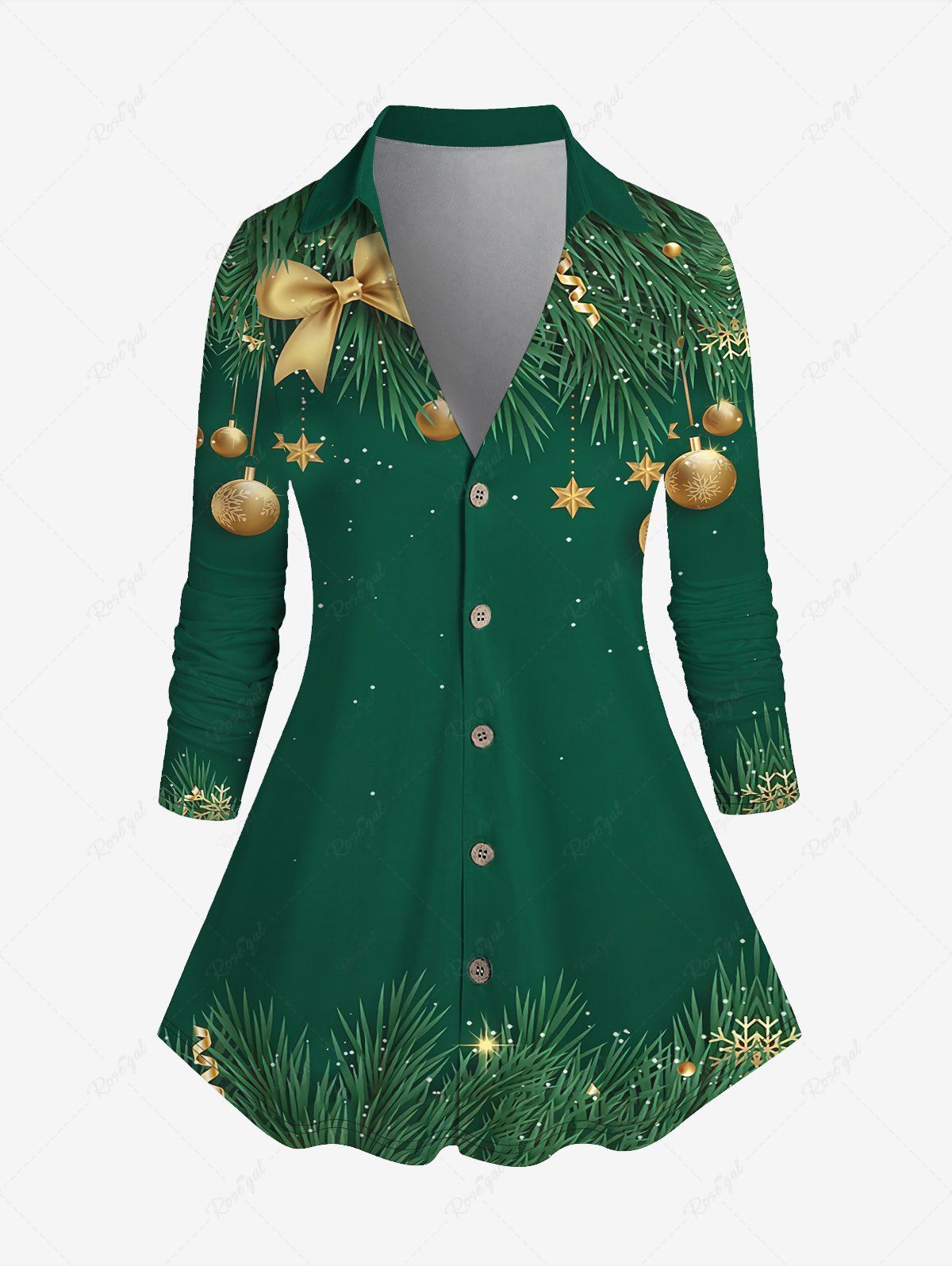 Outfit Plus Size Christmas Bell Print Button Up Shirt  