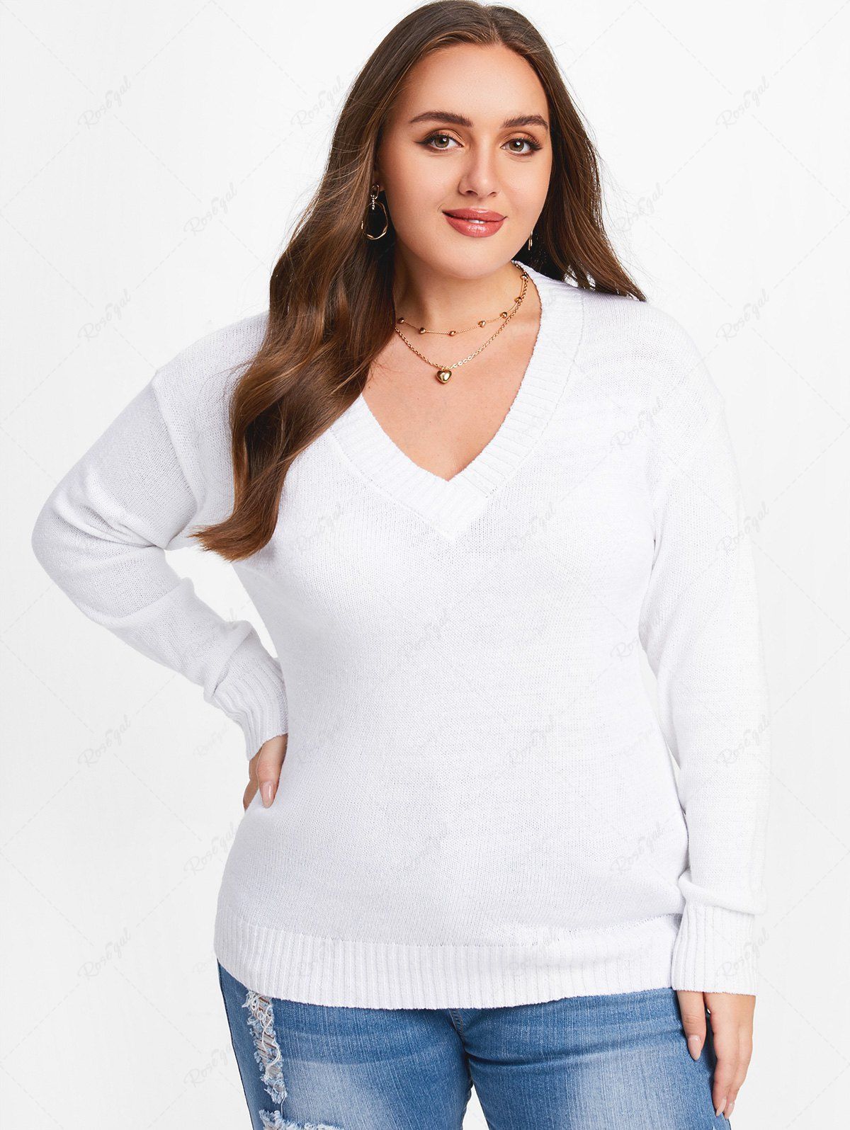 Sale Plus Size V Neck Drop Shoulder Sweater  