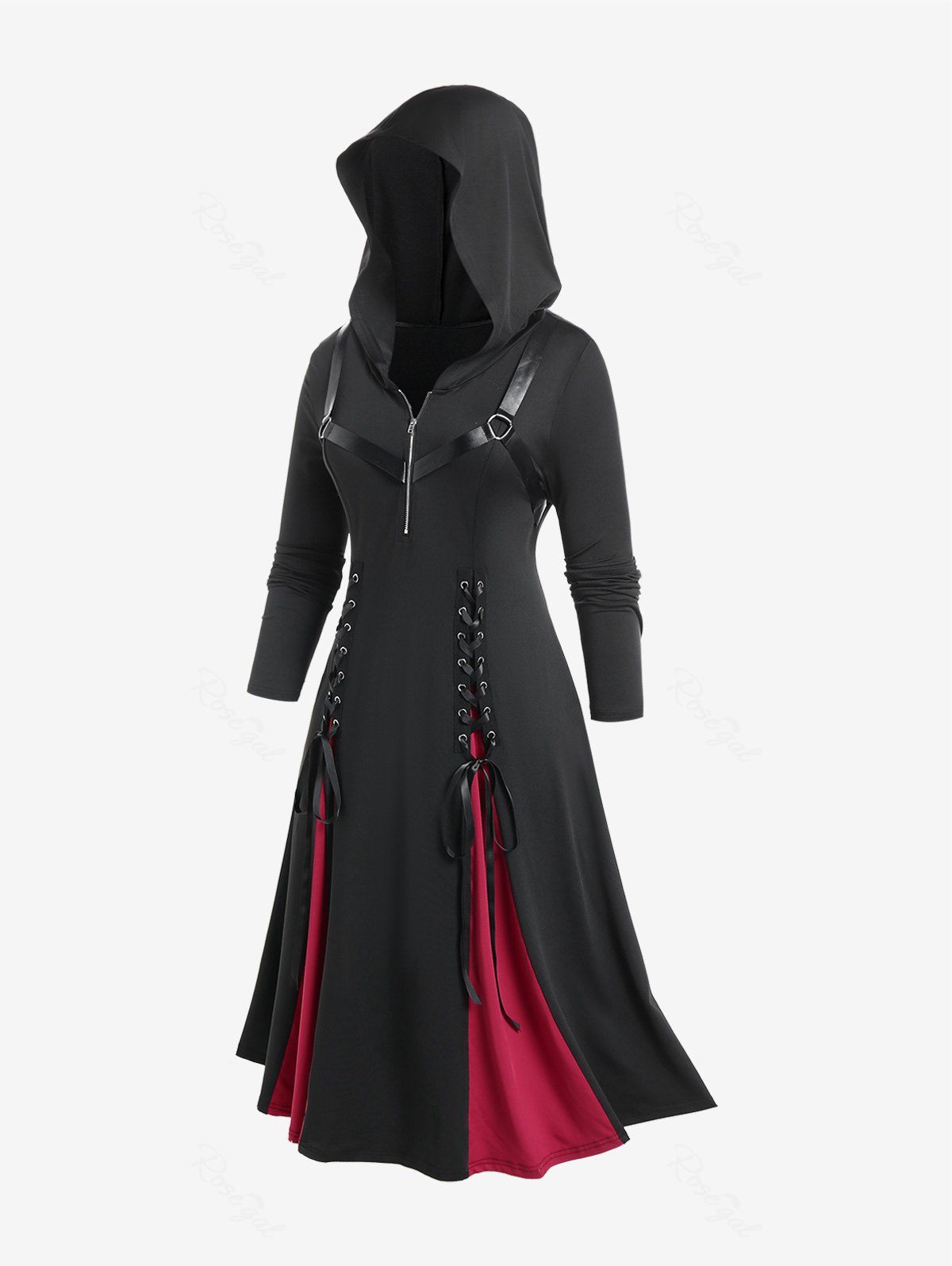 Best Lace Up Harness Half Zipper Hooded Godet A Line Gothic Midi Dress  