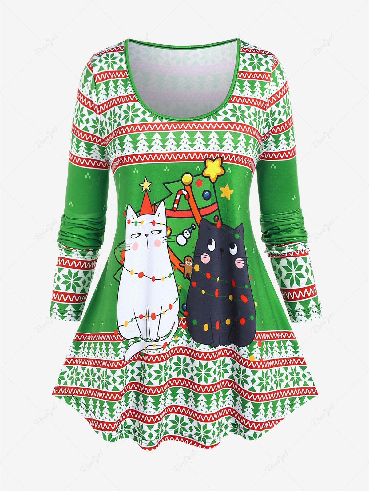 T-shirt de Noël à Imprimé Chat et Flocon de Neige de Grande Taille Vert 5x | US 30-32