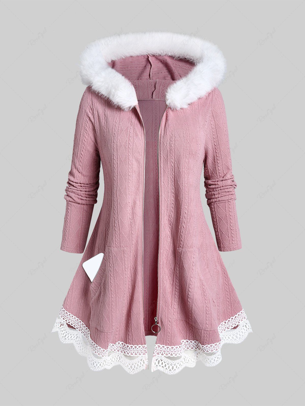 Latest Plus Size Faux Fur Panel Cable Knit Trim Hooded Cardigan with Pockets  