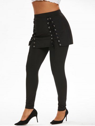 Plus Size Lace Up Skirted Pull On Pants - BLACK - 2X | US 18-20