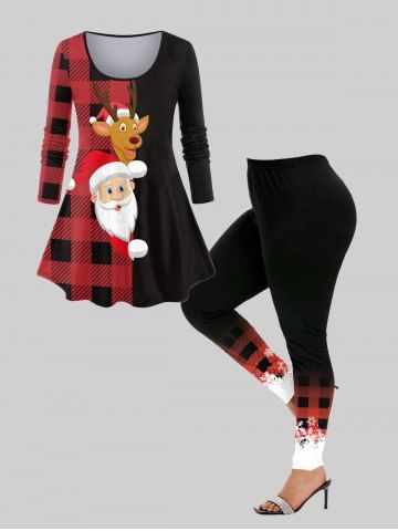 Plaid Santa Claus Elk Print T-shirt and High Rise Christmas Leggings Plus Size Outfit - RED