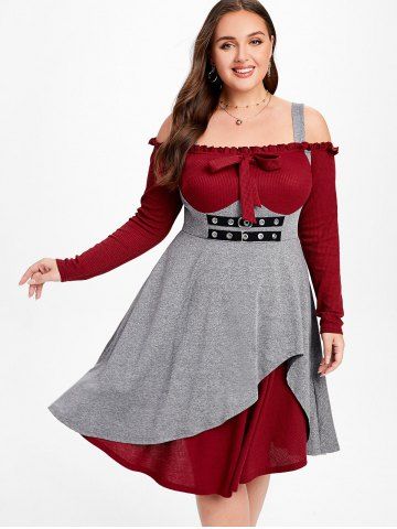 Plus Size Cold Shoulder Ruffles Grommet Long Sleeves A Line 2 in 1 Knit Dress