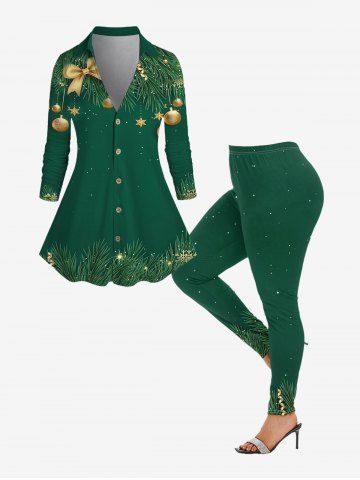 Plus Size Printed Shirt and Skinny Leggings Christmas Outfit