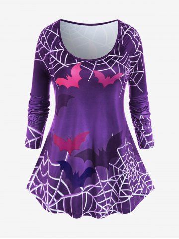 Halloween Bats Spider Web Printed Raglan Sleeves T-shirt - PURPLE - 1X | US 14-16