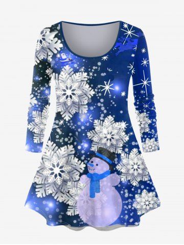 Plus Size Christmas Snowflake Snowman Print T-shirt - BLUE - 3X | US 22-24
