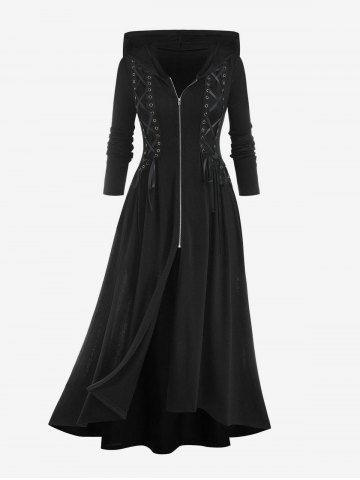 Plus Size Hooded Lace Up Front Zipper High Low Maxi Coat - BLACK - 1X | US 14-16