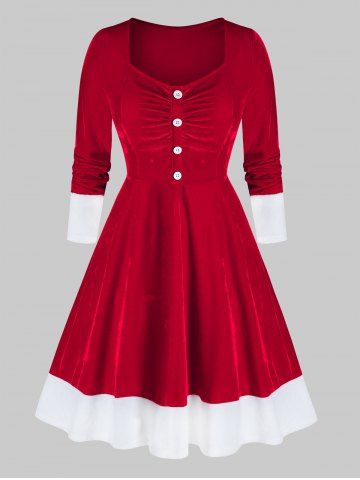 Plus Size Christmas Santa Claus Velour Bicolor Button Flare Dress - RED - L | US 12