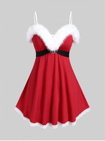Plus Size Christmas Faux Fur Panel Lace Trim Babydoll with T-back - RED - 2X | US 18-20
