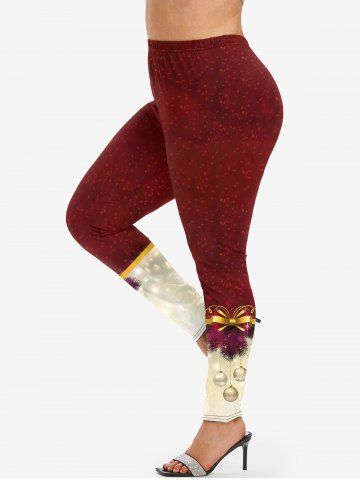 Plus Size Christmas Tree Bowknot Ball Print Leggings - DEEP RED - 4X | US 26-28