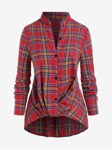 Plus Size Stand Collar Twist High Low Plaid Shirt - RED - L