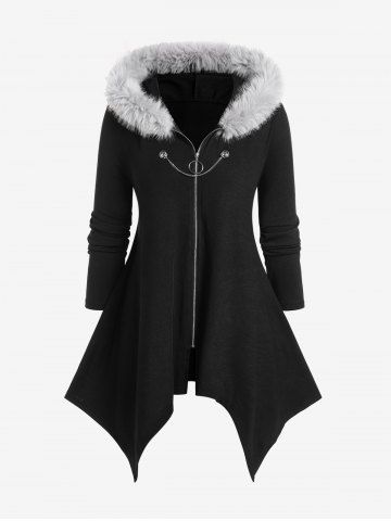 Plus Size Faux Fur Hooded Front Zipper Handkerchief Coat